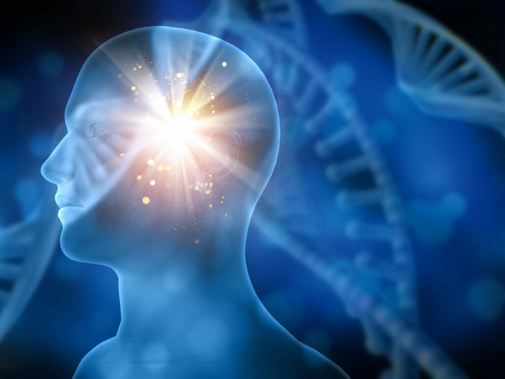 cabeça masculina com fundo dna representando as ancoragem, ponto cegos e desejos enraizados em nosso corpo